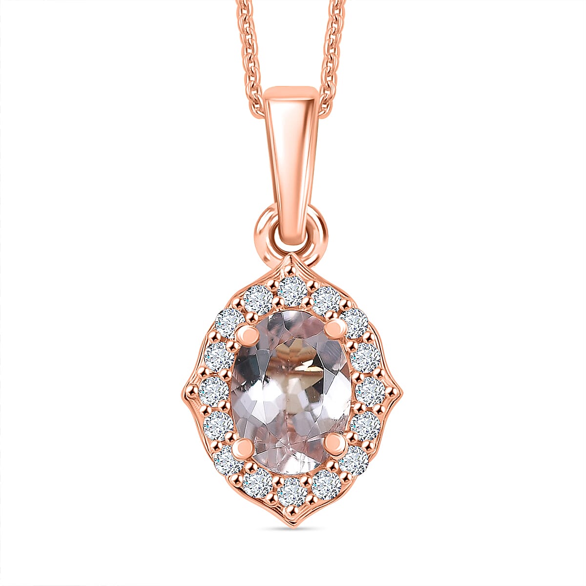 Pink Morganite and White Zircon 0.90 ctw Pendant Necklace in 18K Vermeil Rose Gold Sterling Silver 20 Inches