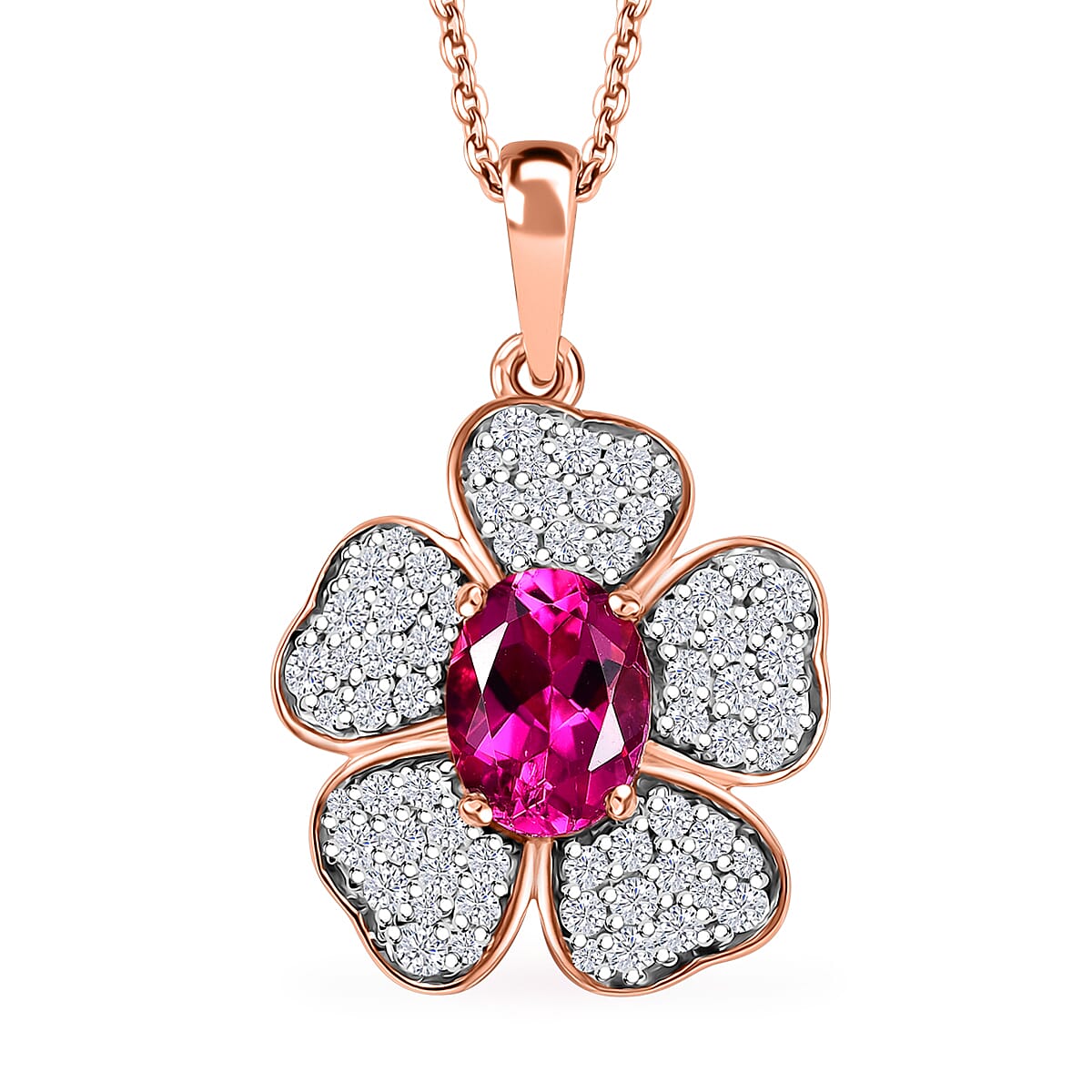 Luxuriant Premium Bixbite (LG) and White Zircon 2.10 ctw Leaf Clover Pendant Necklace in 18K Vermeil Rose Gold Sterling Silver 20 inches