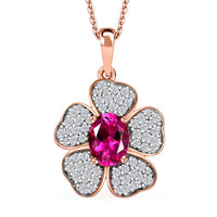 Luxuriant Premium Bixbite (LG) and White Zircon 2.10 ctw Leaf Clover Pendant Necklace in 18K Vermeil Rose Gold Sterling Silver 20 inches