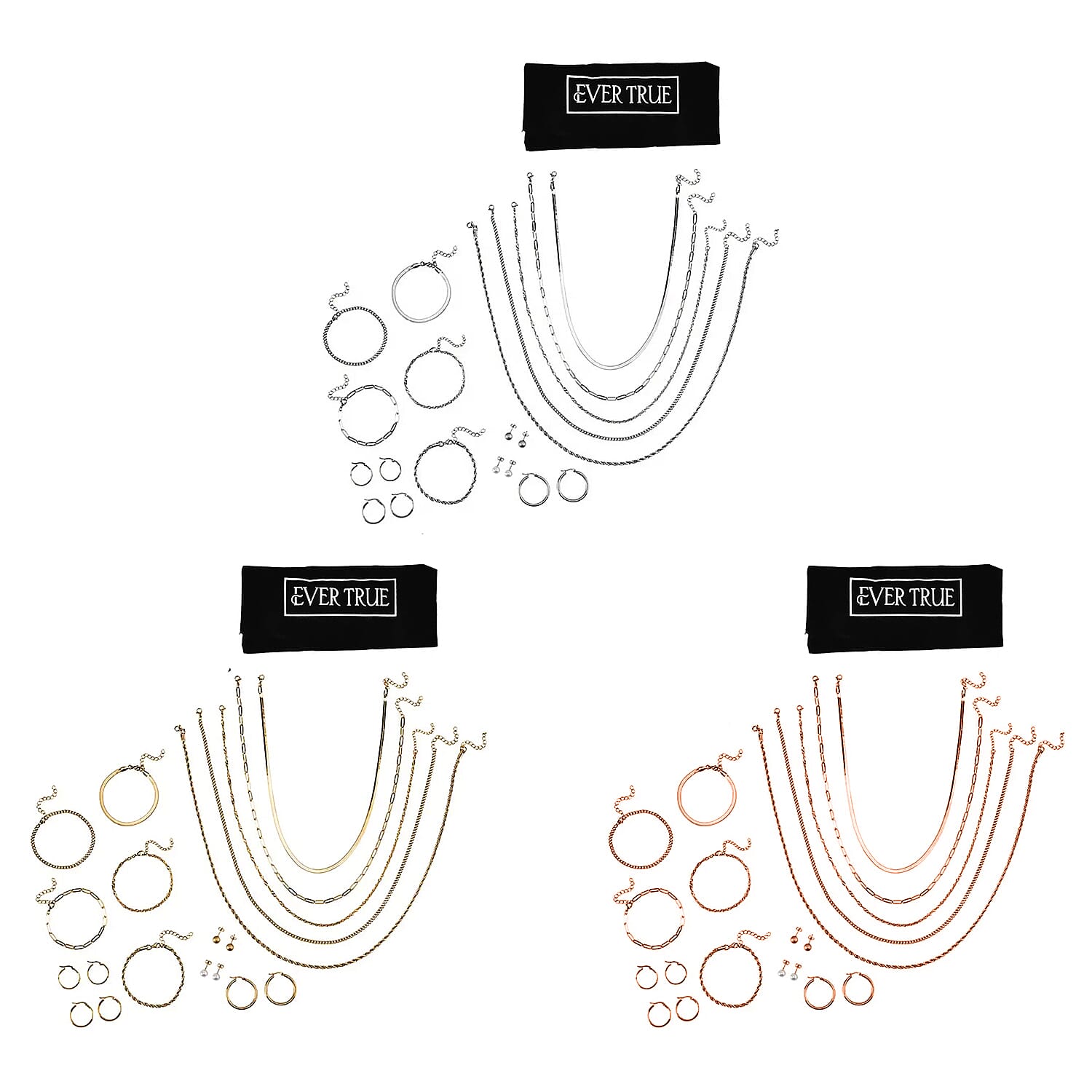 45pcs Set - 15pcs Necklace (18, 20 & 22Inch) and 15pcs Bracelet and 9pcs Hoop Earrings and 6pair Studs in ION Plated YG, RG and Stainless Steel