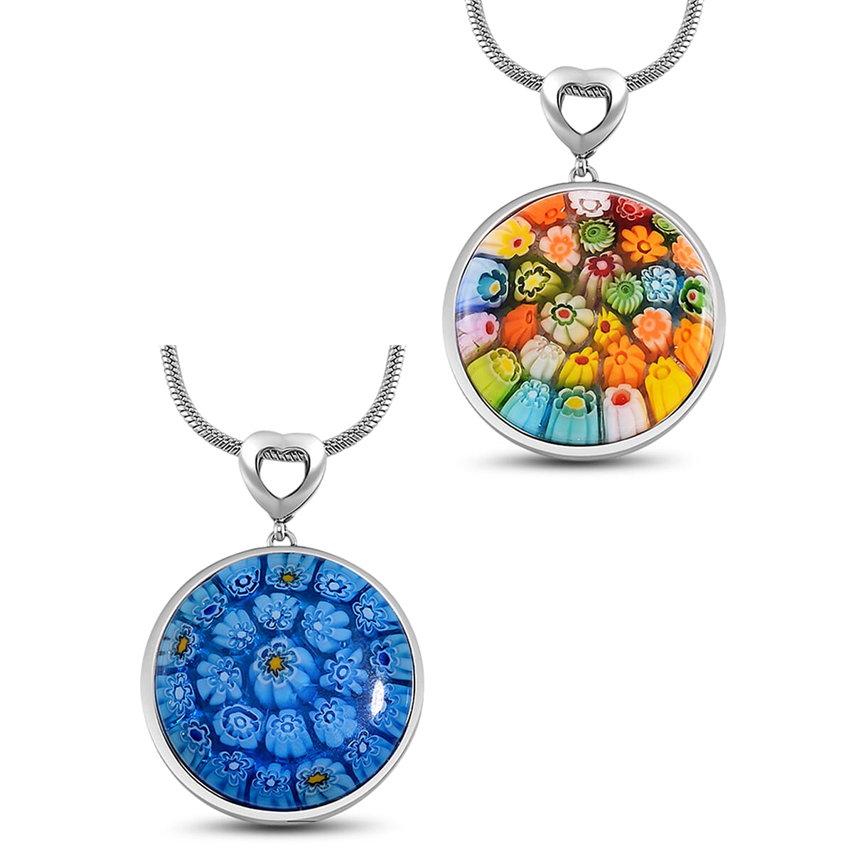 2 Piece Set - Multi Color Murano Style Pendant Necklace 24-28 Inches in Stainless Steel (Del. In 10-12 Days)