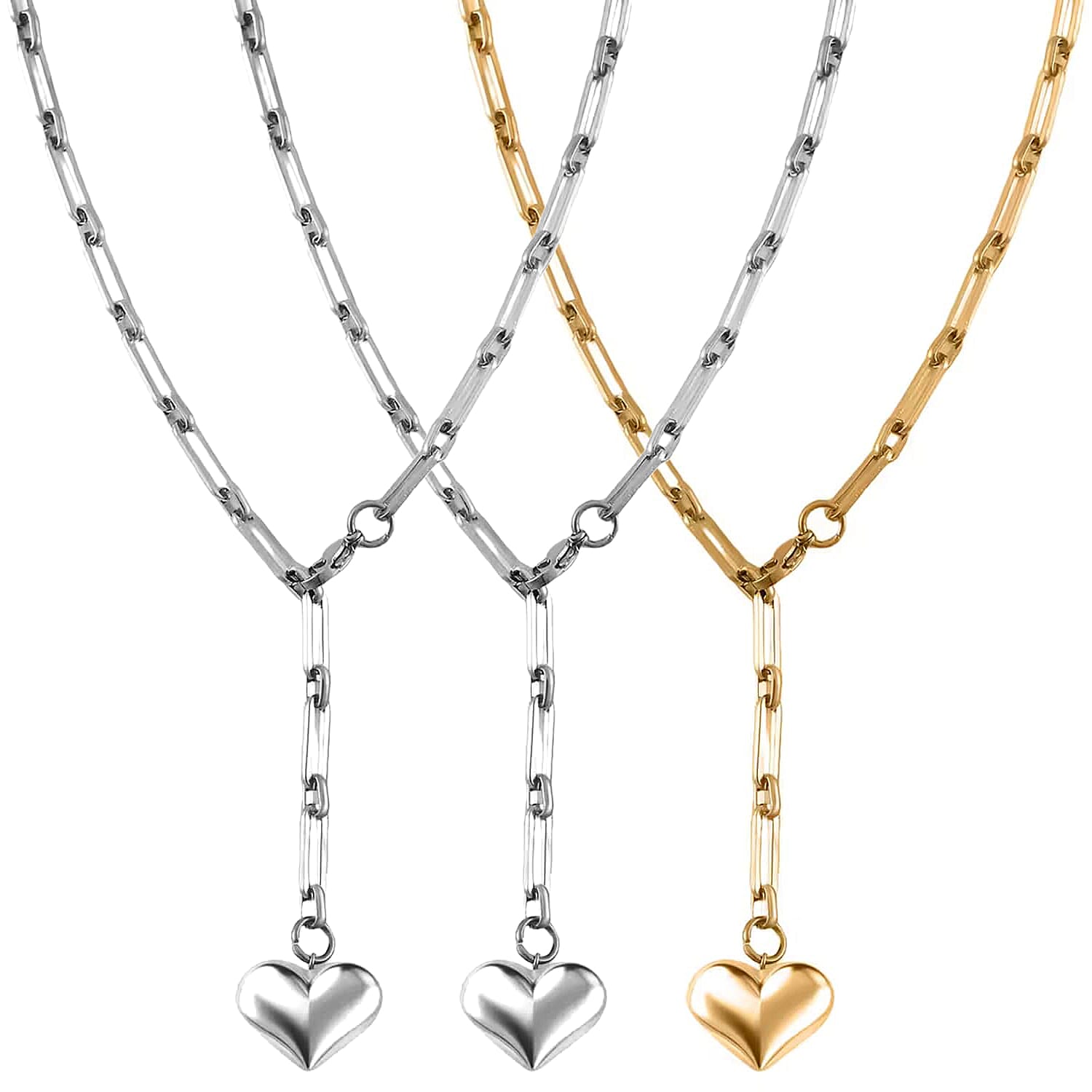 Set of 3 - Heart Necklace in ION Plated YG and Stainless Steel 22 Inches