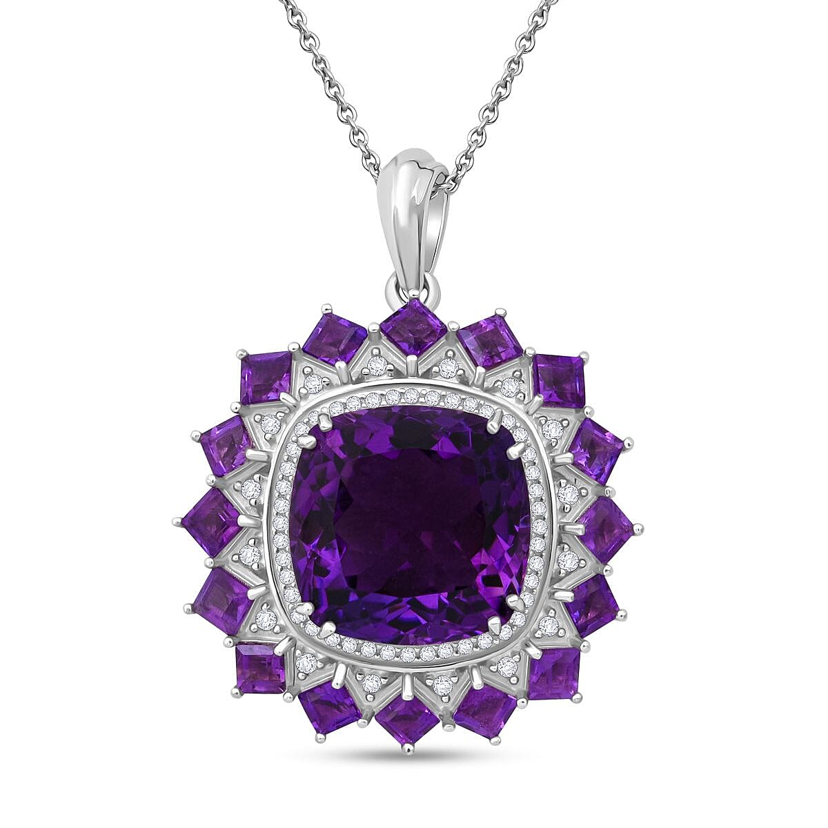 TLV African Amethyst, White Zircon Floral Pendant Necklace (20 Inches) in Rhodium Over Sterling Silver 13.25 ctw