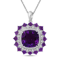 TLV African Amethyst, White Zircon Floral Pendant Necklace (20 Inches) in Rhodium Over Sterling Silver 13.25 ctw