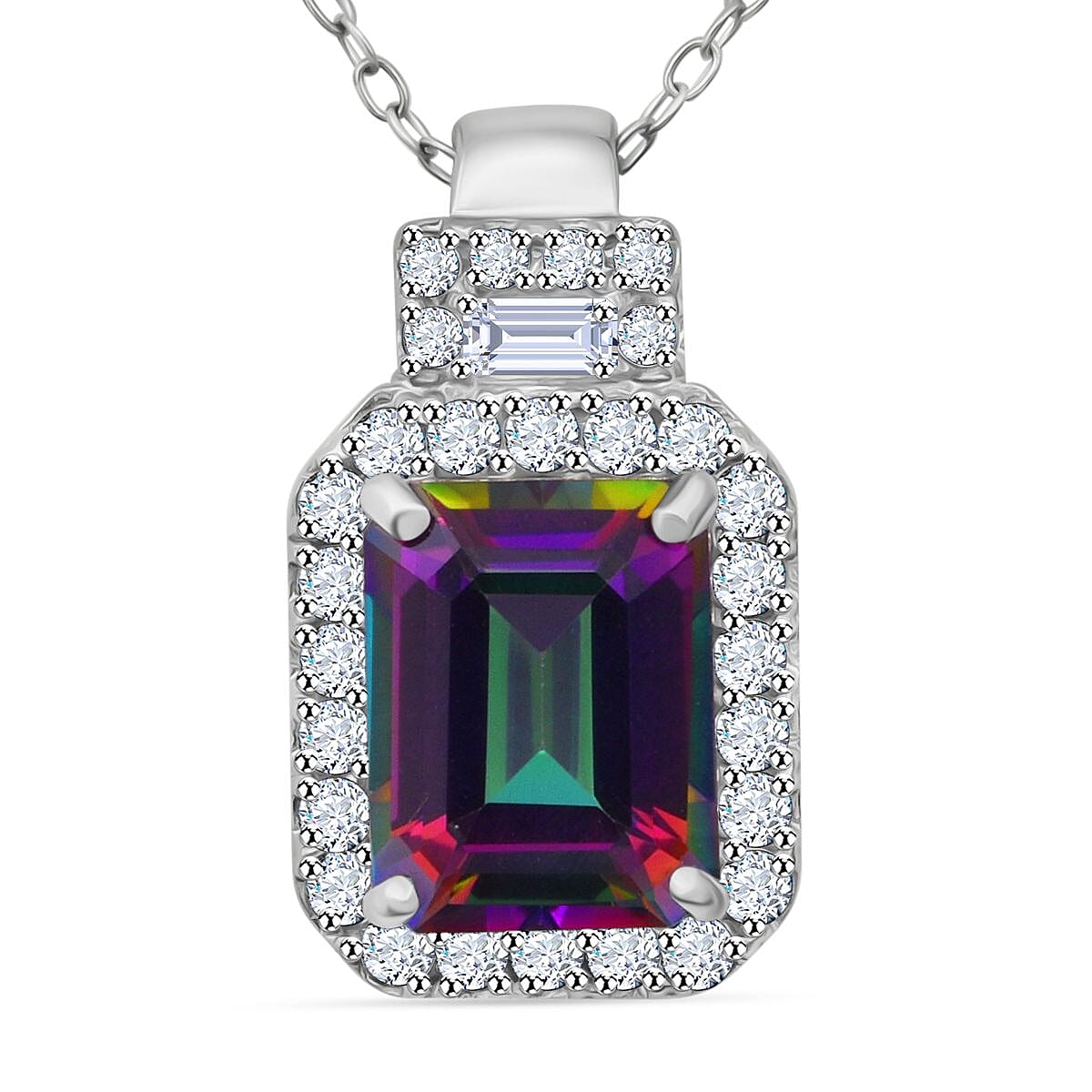 Green Mystic Topaz and White Topaz 3.35 ctw Halo Pendant Necklace in Rhodium Over Sterling Silver 20 Inches