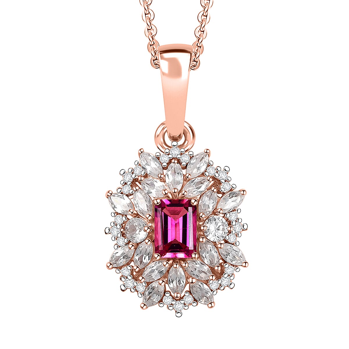 Luxuriant Premium Bixbite (LG) and White Zircon 3.60 ctw Blossom Royale Pendant Necklace in 18K Vermeil Rose Gold Sterling Silver 20 Inches