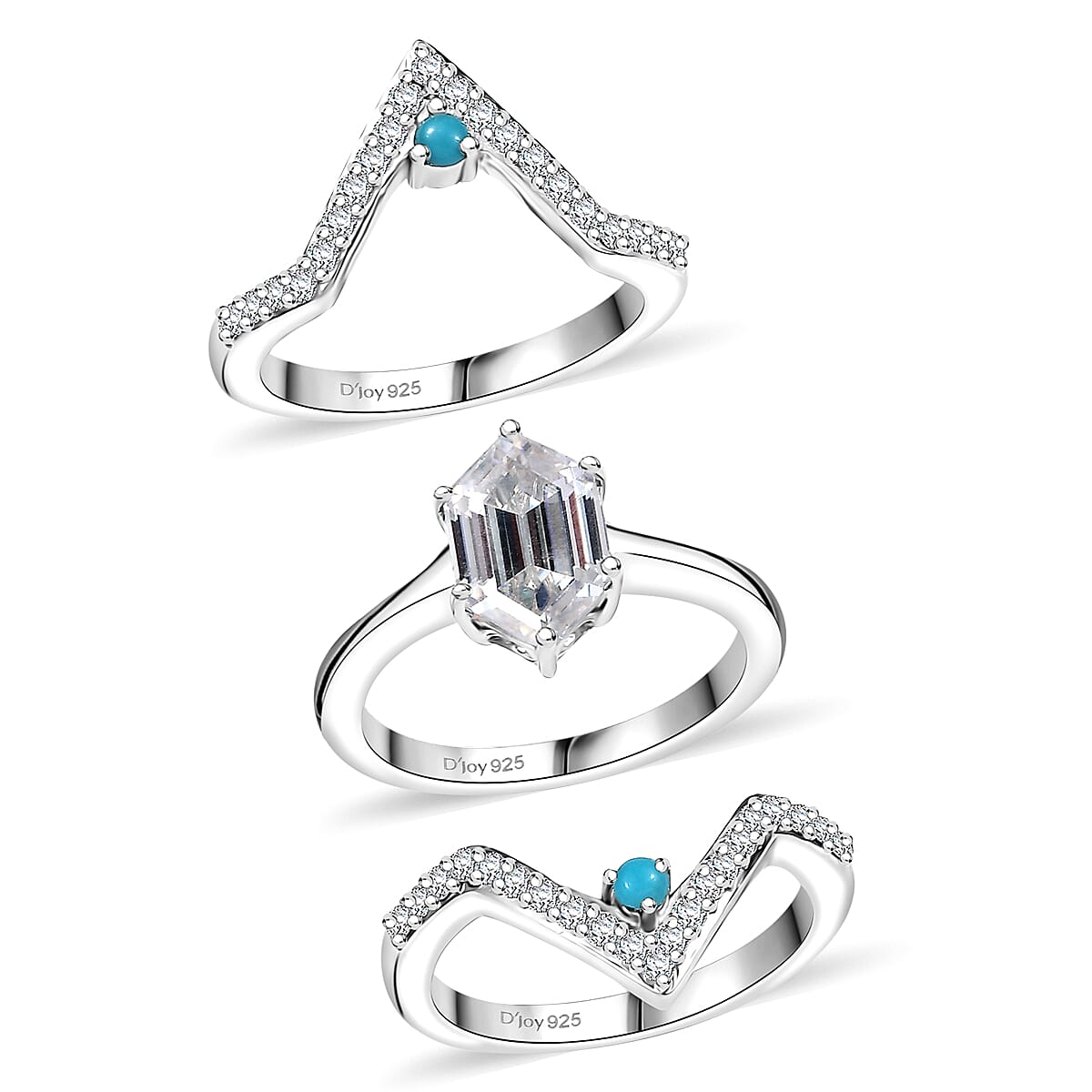 Set of 2 Moissanite and Sleeping Beauty Turquoise 3.40 ctw Ring in Rhodium Over Sterling Silver (Size 6.0)