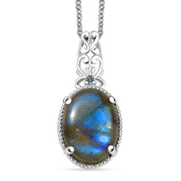Karis Malagasy Labradorite and Blue Topaz  10.60 ctw Pendant in Platinum Bond with Stainless Steel Chain 20 Inches