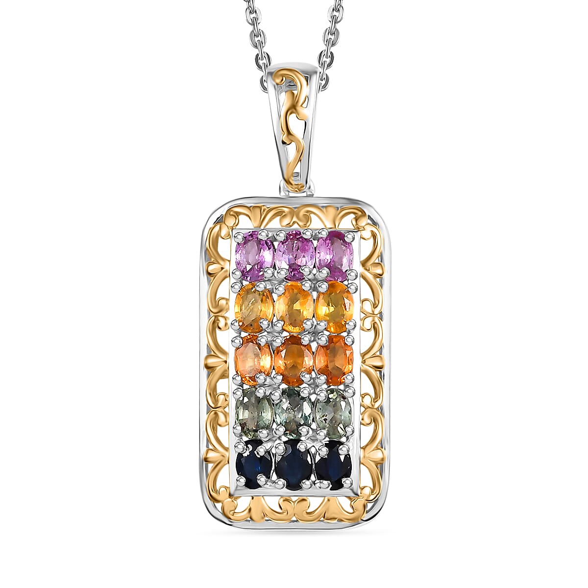 Multi Sapphire 3.75 ctw Pendant Necklace in 18K Vermeil YG and Rhodium Over Sterling Silver 20 Inches