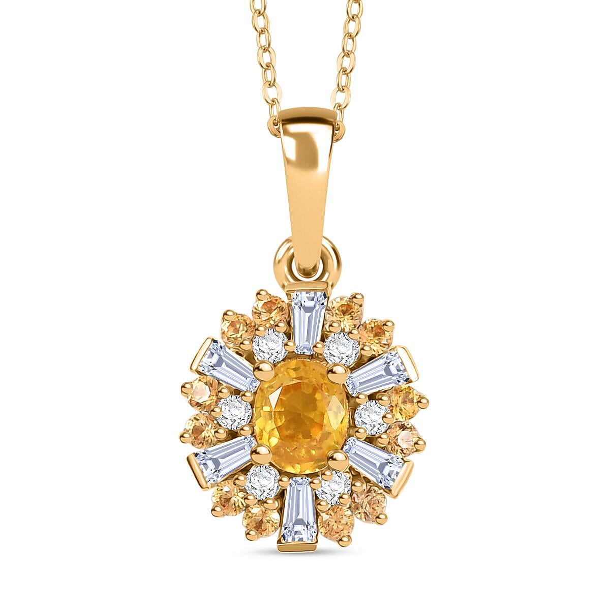 Madagascar Yellow Sapphire and Moissanite 1.20 ctw Snowflake Pendant Necklace 20 Inches in 18K Vermeil Yellow Gold Over Sterling Silver