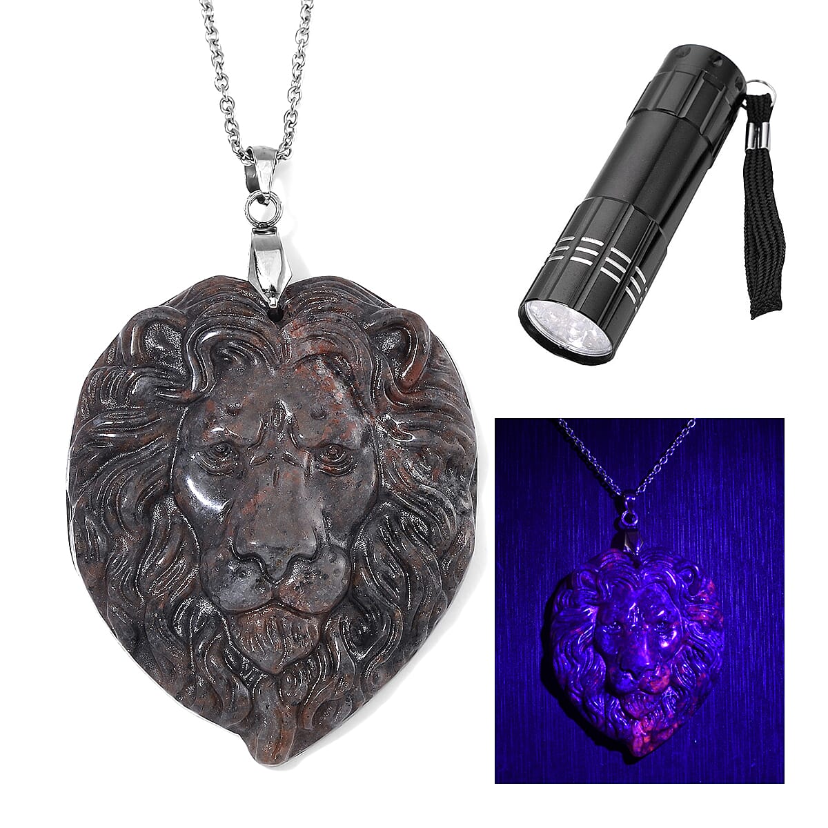 Natural Yooperlite 90.00 ctw Carved Loin Pendant Necklace in Stainless Steel 20 Inches with Free UV Flash Light