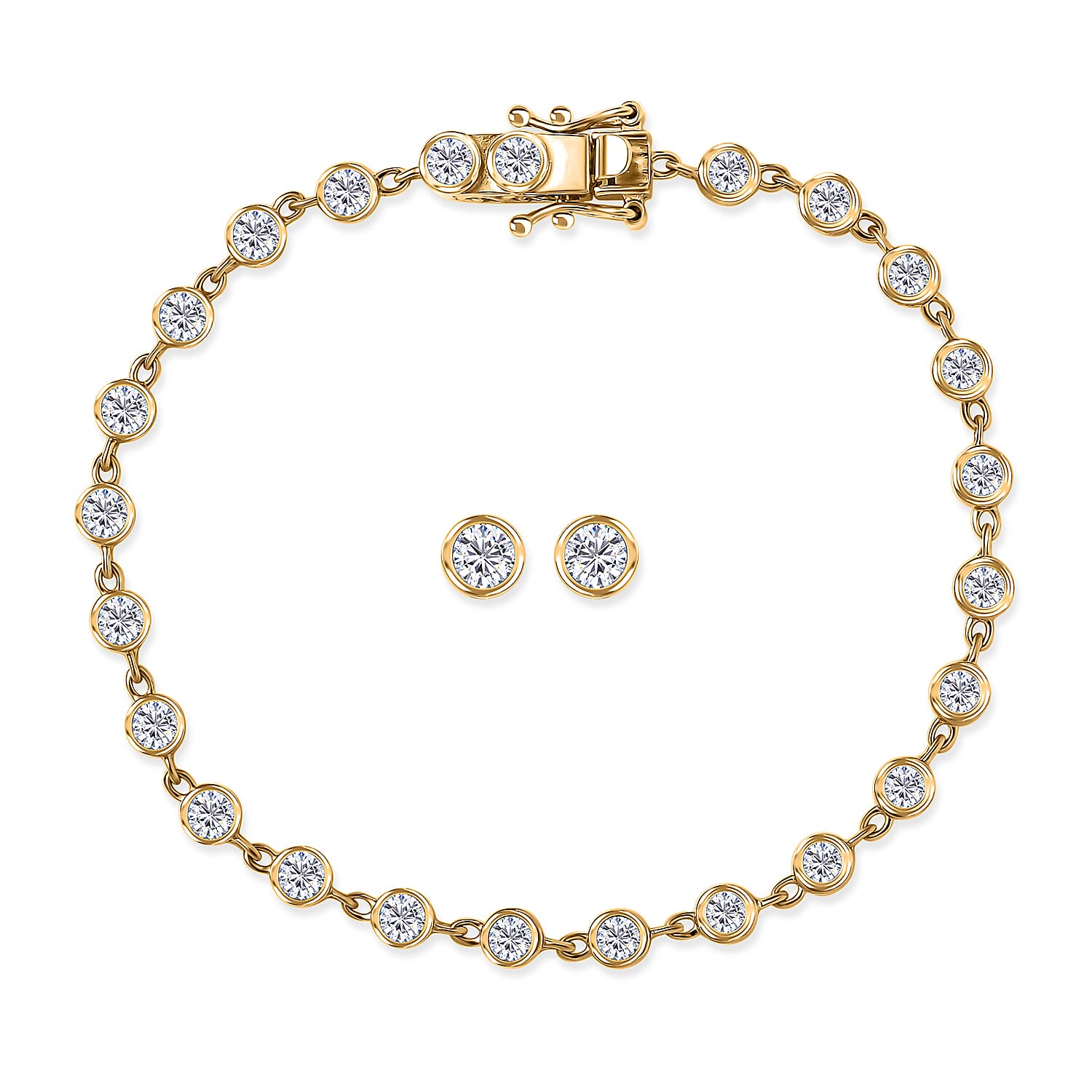 Luxuriant Lab Grown Diamond (G-H, SI) Bracelet (6.5 In) and Solitaire Stud Earrings in 18K Vermeil YG Over Sterling Silver 2.70 ctw