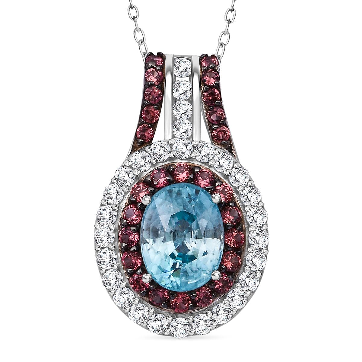 Epic Deal Cambodian Blue Zircon, White and Brown Zircon Pendant Necklace (20 Inches) in Rhodium Over Sterling Silver 4.50 ctw