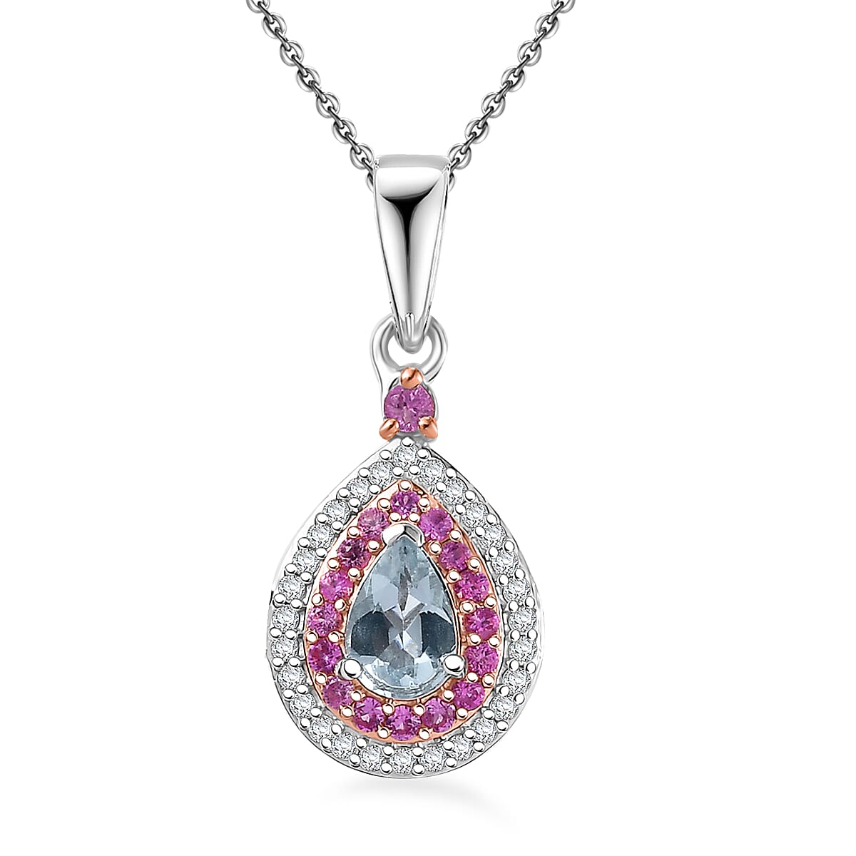 Premium Mangoro Aquamarine and Multi Gemstone 0.75 ctw Ocean Empress Pendant Necklace in 18K Vermeil RG and Rhodium Over Sterling Silver 20 Inches