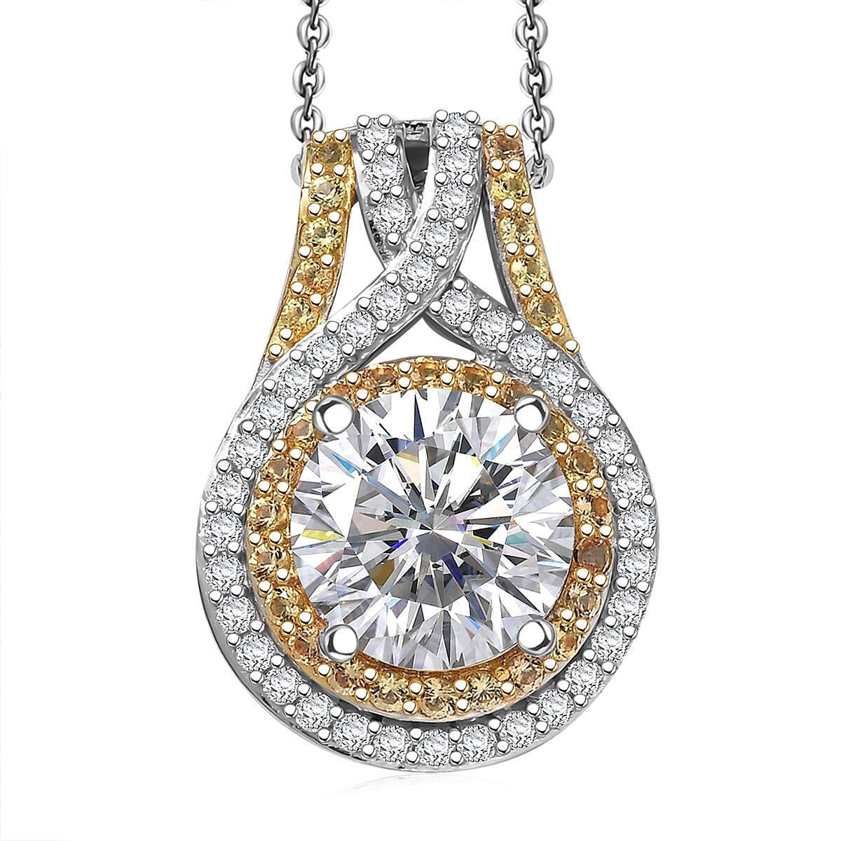 D'Joy 100 Facets Moissanite (Rnd 9mm), Yellow Sapphire Pendant Necklace (20 Inches) in Rhodium Over Sterling Silver 3.45 ctw