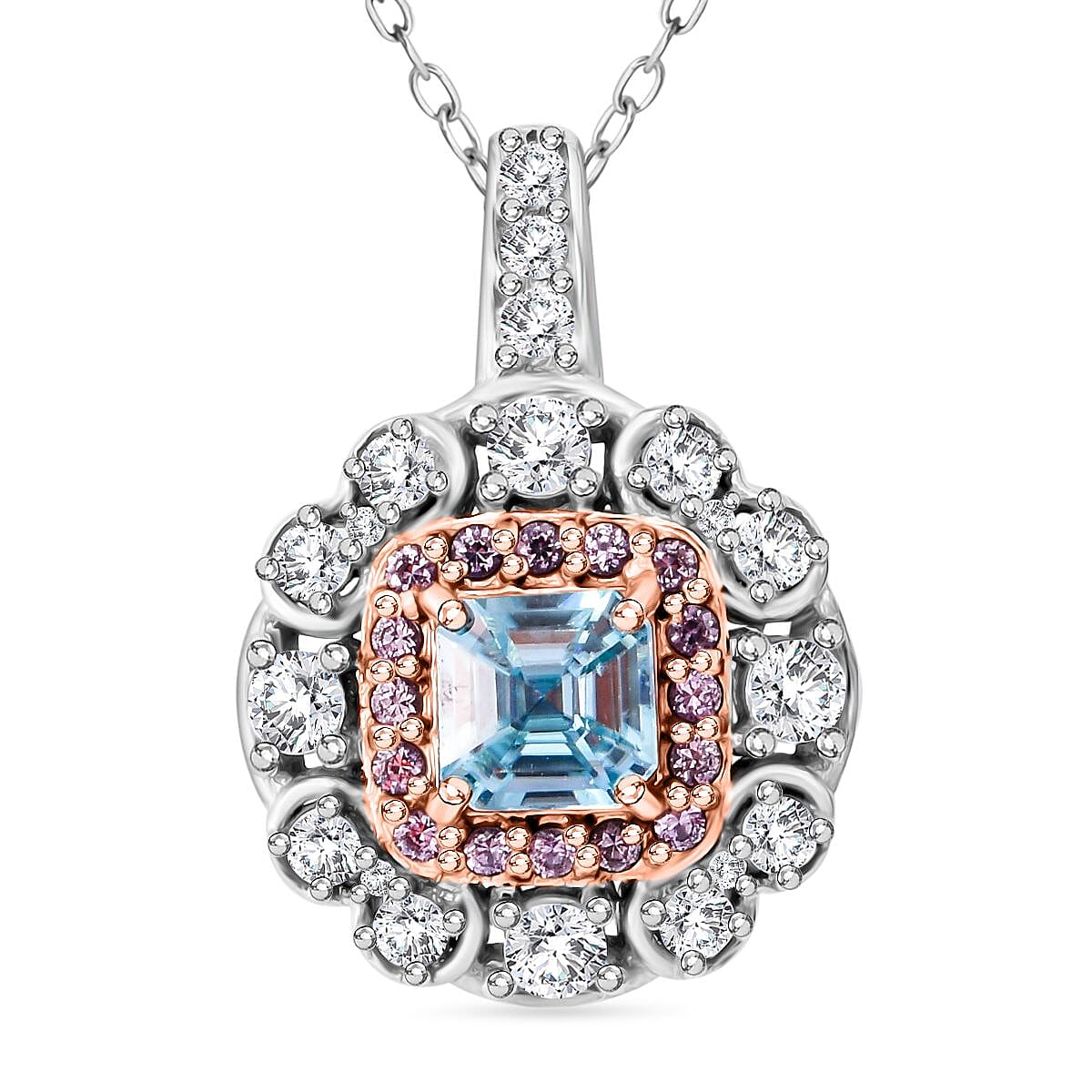 Asscher Cut Premium Cambodian Blue Zircon and Multi Gemstone 2.90 ctw Floral Pendant Necklace in Rhodium Over Sterling Silver 20 Inches