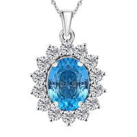 AAA Cambodian Blue Zircon and Luxuriant Lab Grown Diamond (SI) 5.00 ctw Sunburst Pendant Necklace in 10K White Gold 18 Inches