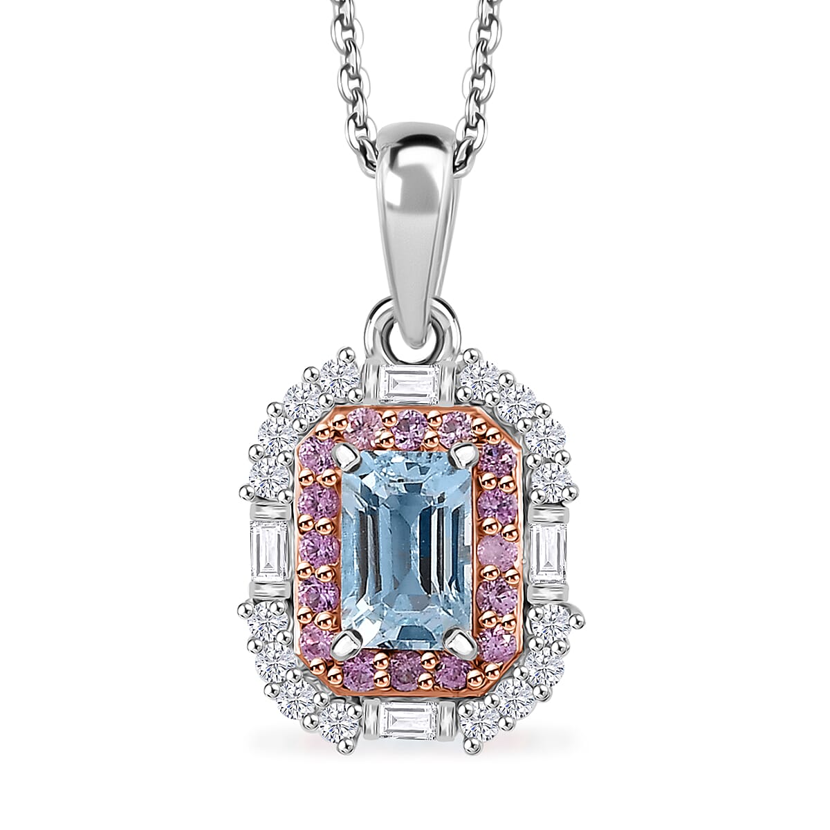 Premium Mangoro Aquamarine and Multi Gemstone 1.10 ctw Ocean Serenade Pendant Necklace in 18K Vermeil RG and Rhodium Over Sterling Silver 20 Inches
