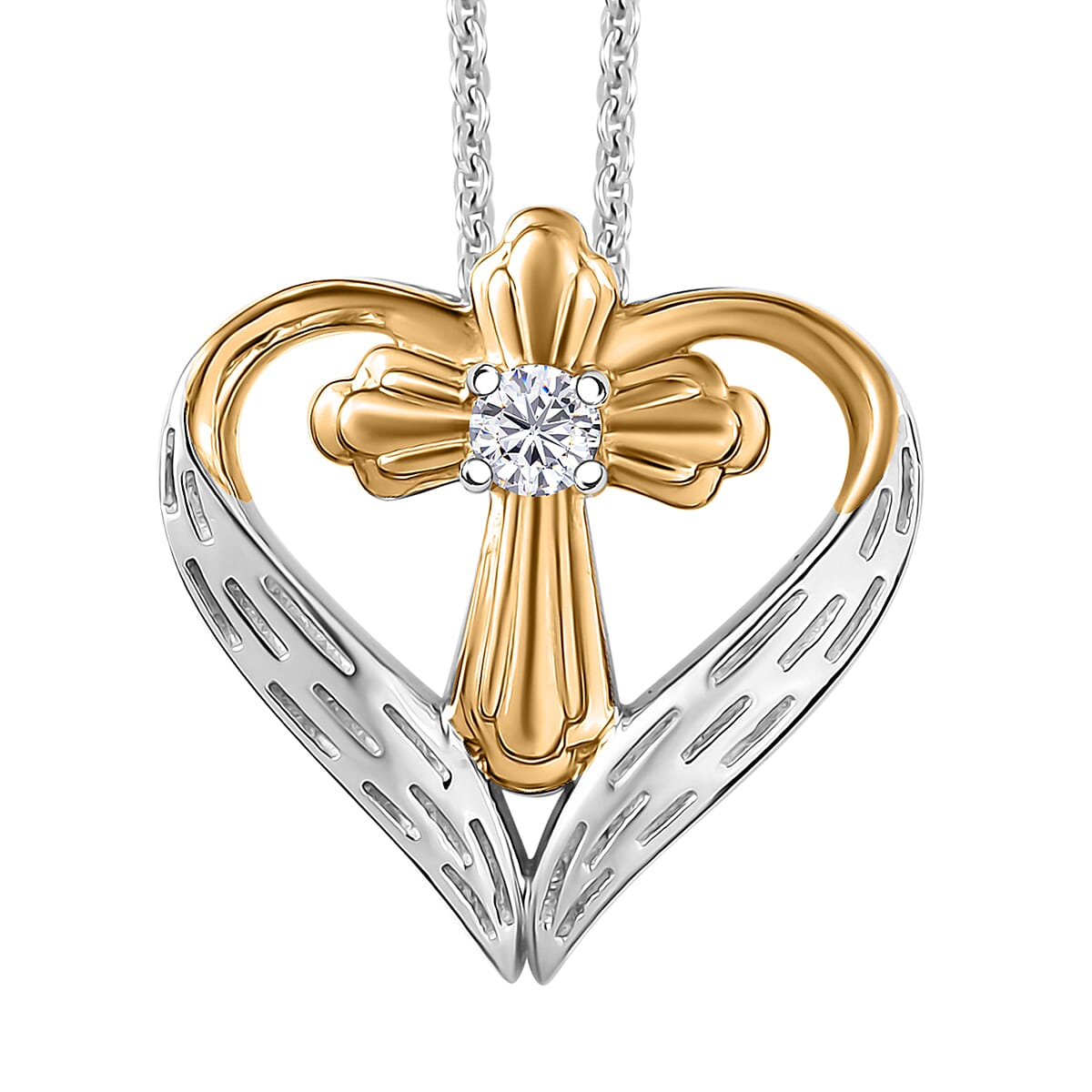 Moissanite Heart Pendant Necklace (20 Inches) in 18K Vermeil YG and Rhodium Over Sterling Silver 0.06 ctw