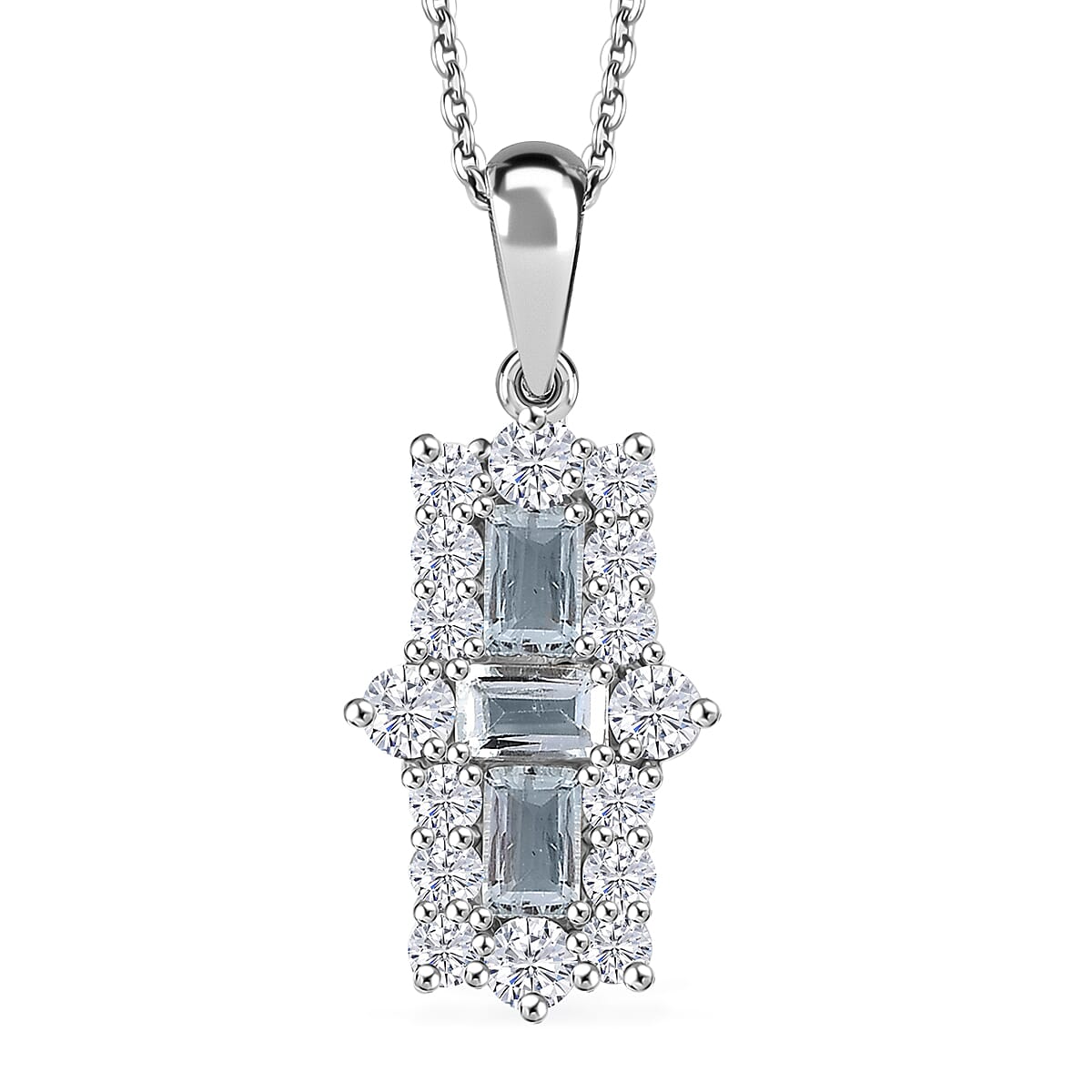 Premium Mangoro Aquamarine and Moissanite 1.85 ctw Ocean Prism Pendant Necklace in Rhodium Over Sterling Silver 20 Inches