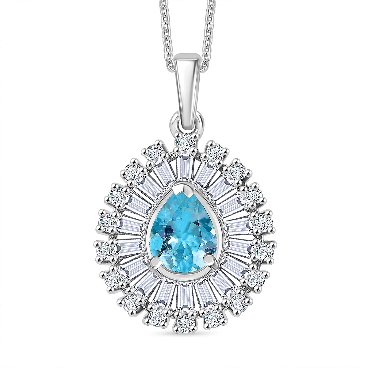 Premium Mangoro Aquamarine and Moissanite 1.85 ctw Ocean Tear Pendant Necklace in Rhodium Over Sterling Silver 20 Inches