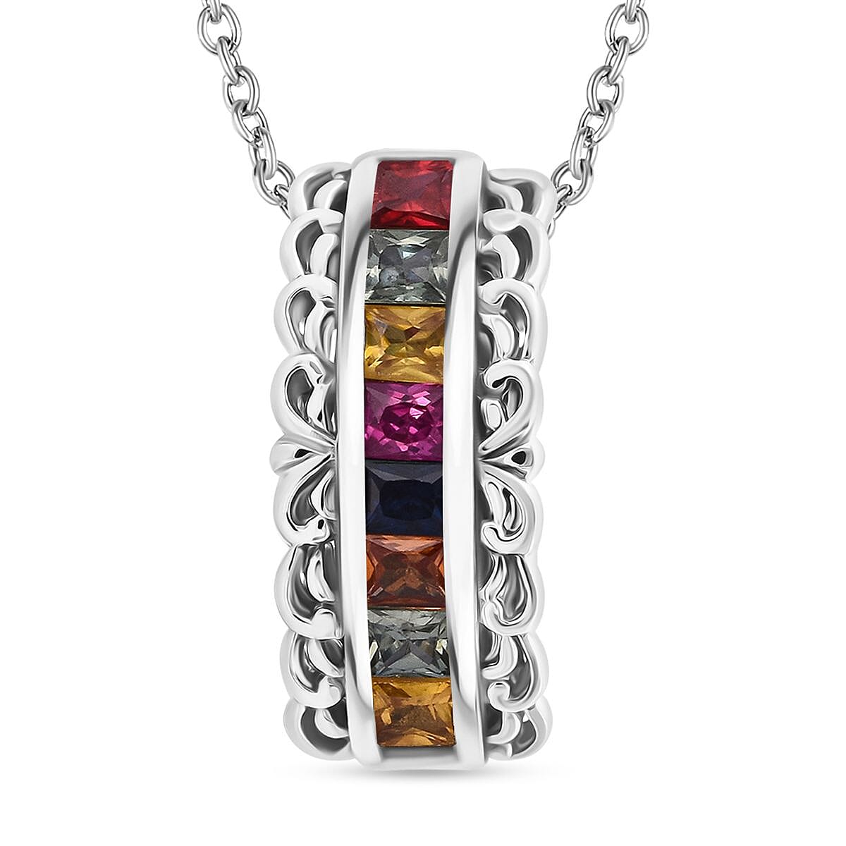 Multi Sapphire Pendant Necklace (20 Inches) in Rhodium Over Sterling Silver 1.25 ctw