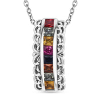 Multi Sapphire Pendant Necklace (20 Inches) in Rhodium Over Sterling Silver 1.25 ctw