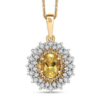 Premium Brazilian Heliodor and Multi Gemstone 1.50 ctw Sunburst Halo Pendant Necklace in 18K Yellow Gold Vermeil Sterling Silver 20 Inches