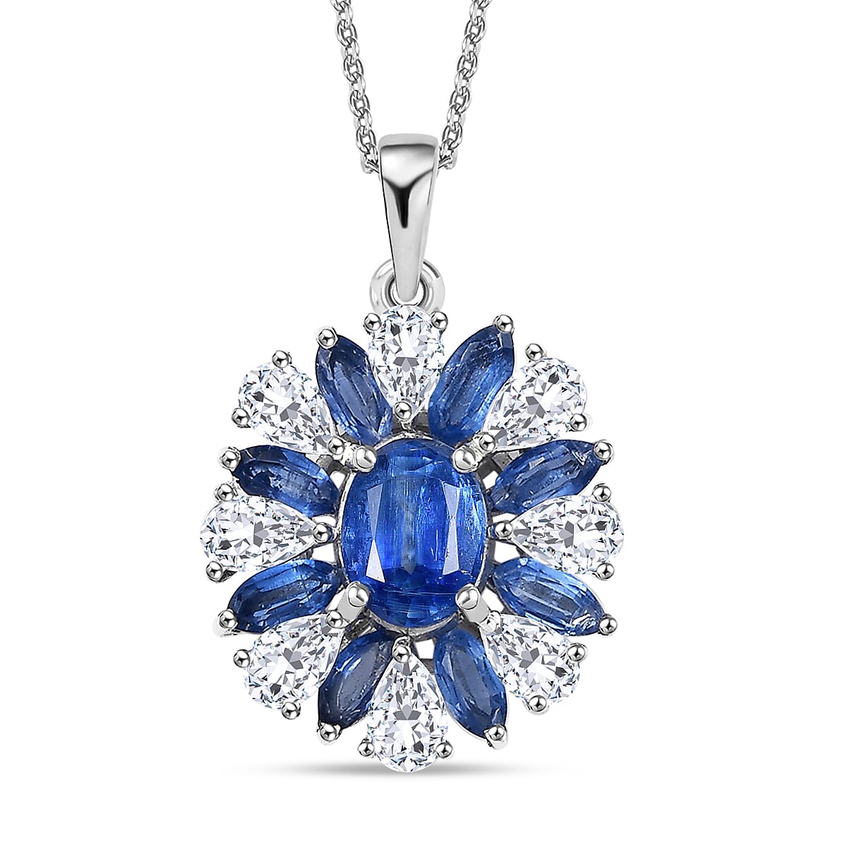 Kashmir Kyanite and White Zircon 5.65 ctw Stellar Bloom Pendant Necklace in Rhodium Over Sterling Silver 20 Inches
