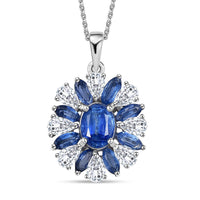 Kashmir Kyanite and White Zircon 5.65 ctw Stellar Bloom Pendant Necklace in Rhodium Over Sterling Silver 20 Inches