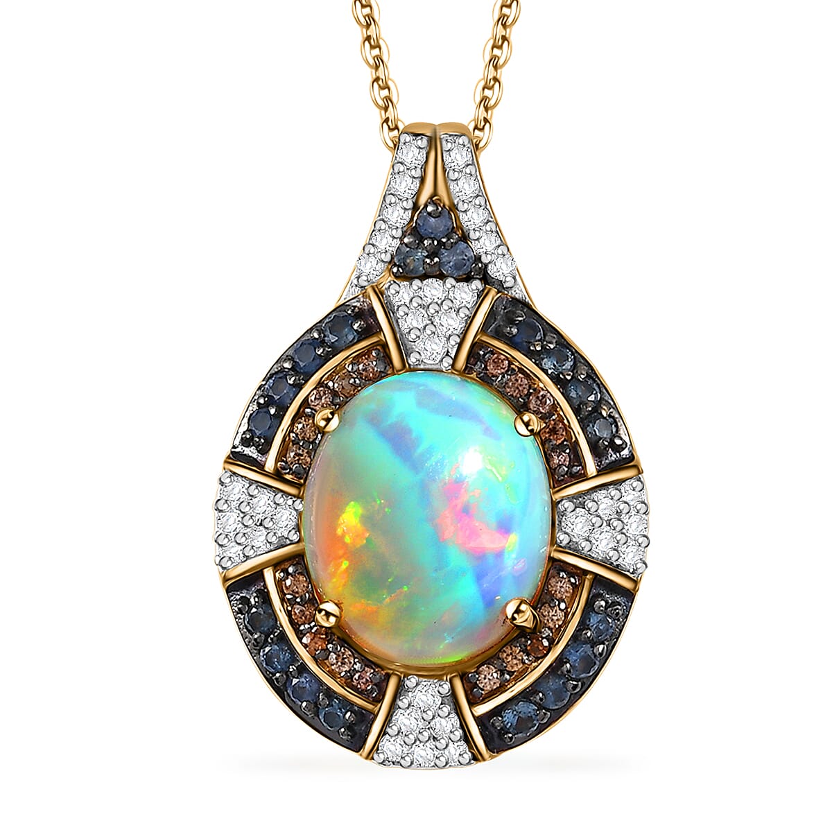 D'Joy Ethiopian Welo Opal and Multi Gemstone 4.70 ctw Pendant Necklace in 18K Vermeil Yellow Gold Over Sterling Silver 20 Inches