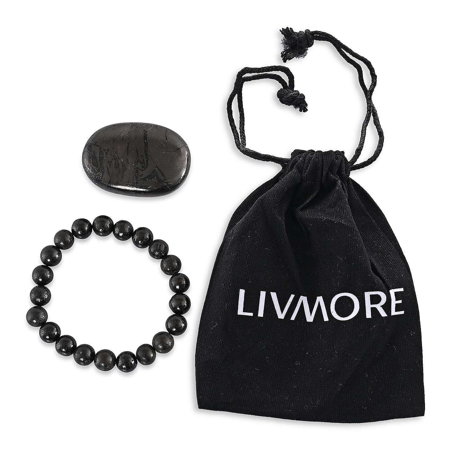 Shungite Beaded Stretch Bracelet and Palm Stone