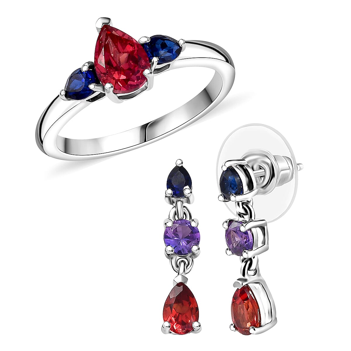 2 Piece Set - Lab Created Multi Sapphire Earrings and Ring (Size 5) in Rhodium Over Sterling Silver 3.80 ctw