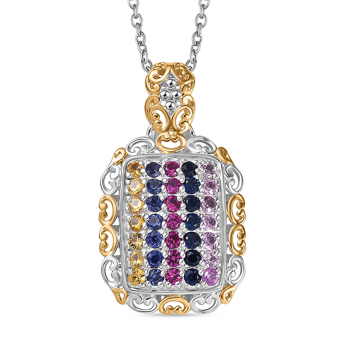 D'Joy Lab Created Multi Sapphire 1.60 ctw Victorian Era Scrolls Pendant in Vermeil YG and Platinum Over Sterling Silver with Stainless Steel Necklace 20 Inches