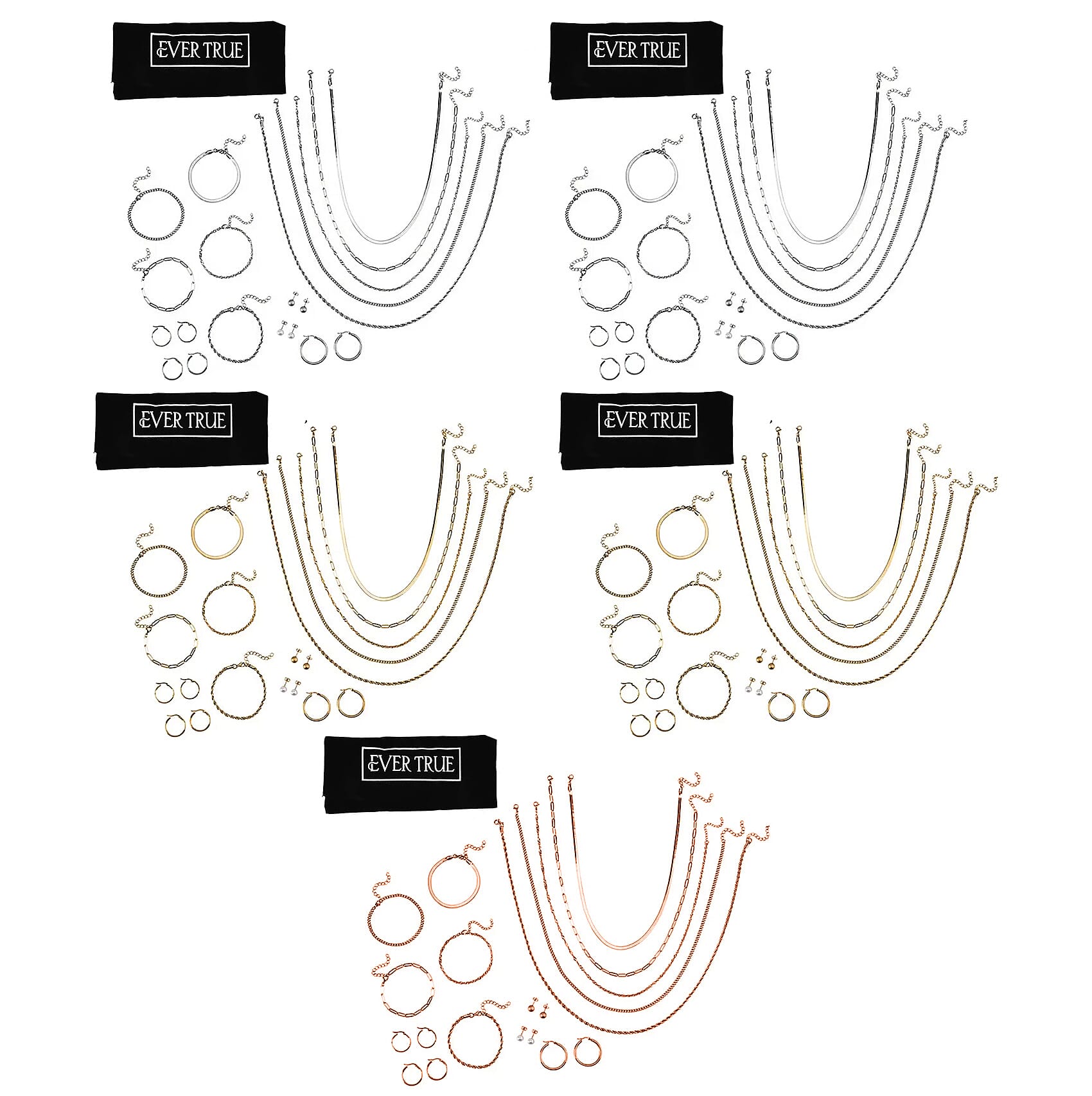 75pcs Set - 25pcs Necklace (18, 20 & 22Inch) and 25pcs Bracelet and 15pcs Hoop Earrings and 10pair Studs in ION Plated YRG and Stainless Steel