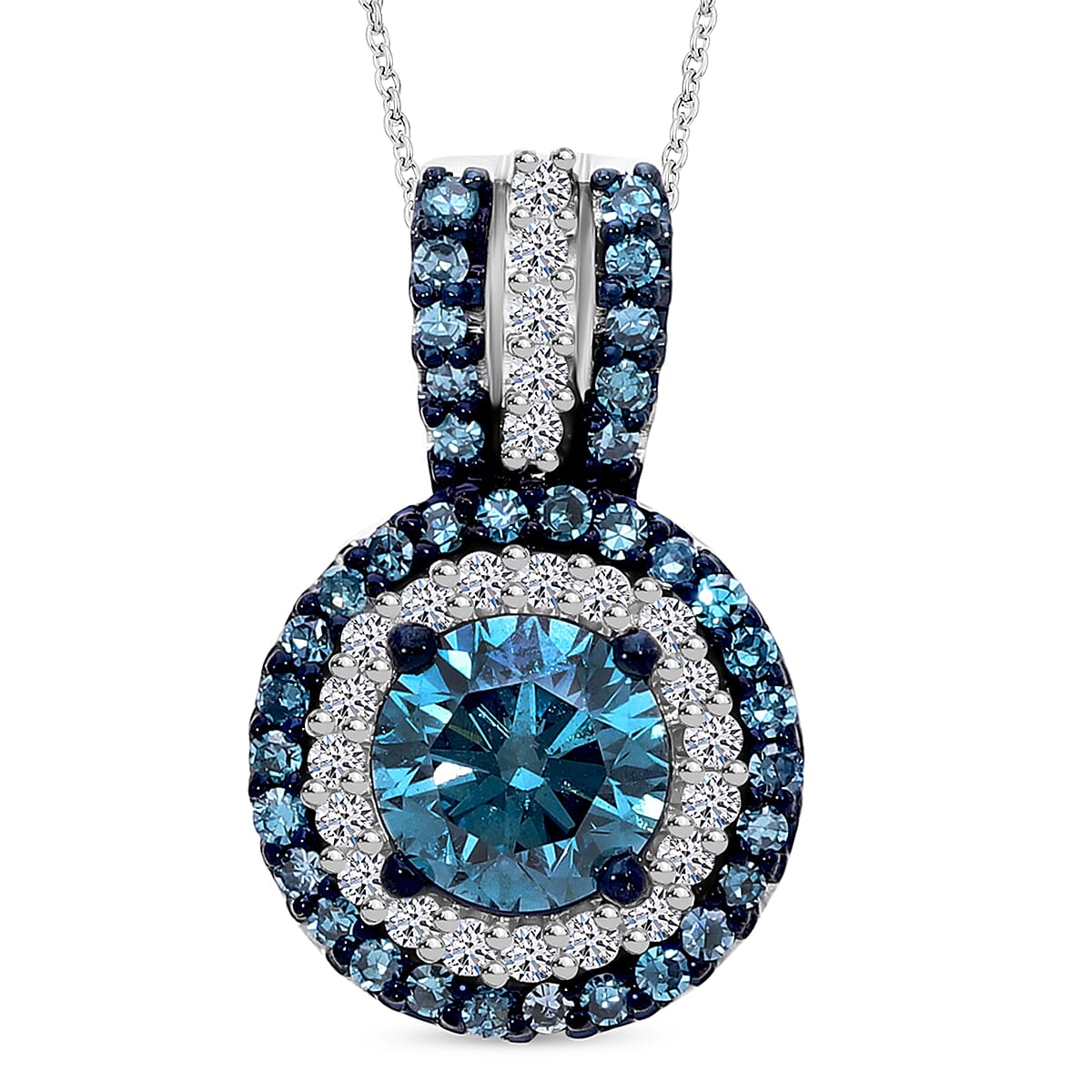 Luxuriant Lab Grown Blue Diamond (IR) and Lab Grown White Diamond SI 1.00 ctw Midnight Serenade Pendant Necklace in Rhodium Over Sterling Silver 20 Inches
