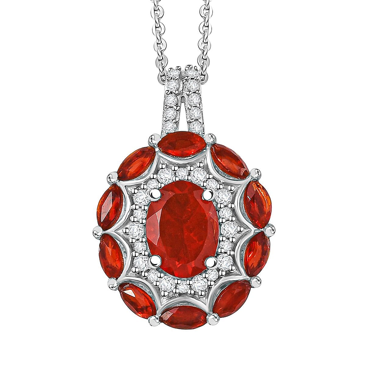 D'Joy Crimson Fire Opal and White Zircon 2.35 ctw Sunflare Halo Pendant Necklace in Rhodium Over Sterling Silver 20 Inches