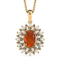 Crimson Fire Opal, Natural Champagne and White Diamond (0.35 cts) Sunkissed Spark Pendant Necklace (20 Inches) in 18K Vermeil YG Over Sterling Silver 0.85 ctw