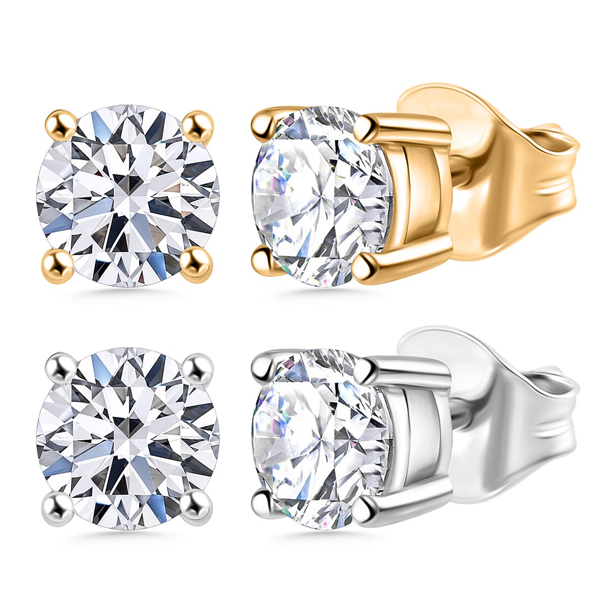 Set of 2 Luxuriant Lab Grown Diamond (G-H, SI) Solitaire Stud Earrings in Vermeil YG and Platinum Over Sterling Silver 2.00 ctw (Del. In 10-12 Days)
