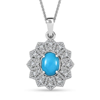 D'Joy Premium Sleeping Beauty Turquoise and Moissantie 2.75 ctw Frosted Blossom Pendant Necklace in Rhodium Over Sterling Silver 20 Inches