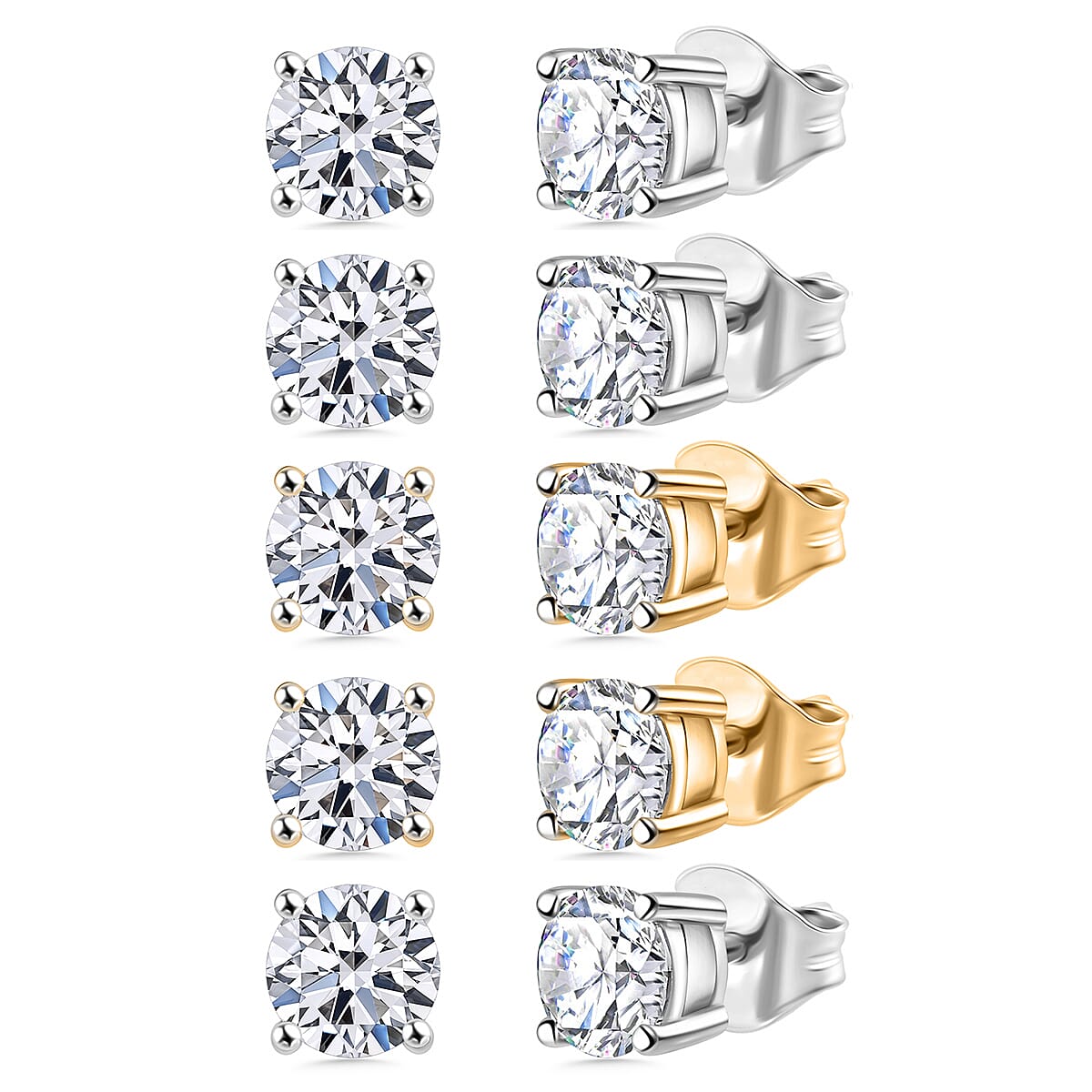 Set of 5 Luxuriant Lab Grown Diamond (G-H, SI) Solitaire Stud Earrings in Vermeil YG and Platinum Over Sterling Silver 3.50 ctw (Del. In 10-12 Days)