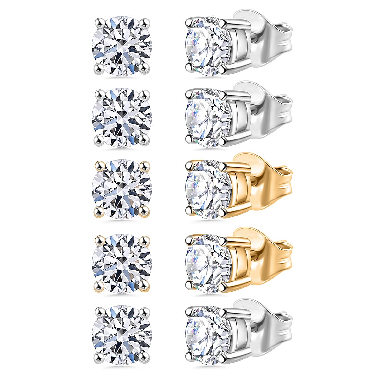 Set of 5 Luxuriant Lab Grown Diamond (G-H, SI) Solitaire Stud Earrings in Vermeil YG and Platinum Over Sterling Silver 2.50 ctw (Del. In 10-12 Days)