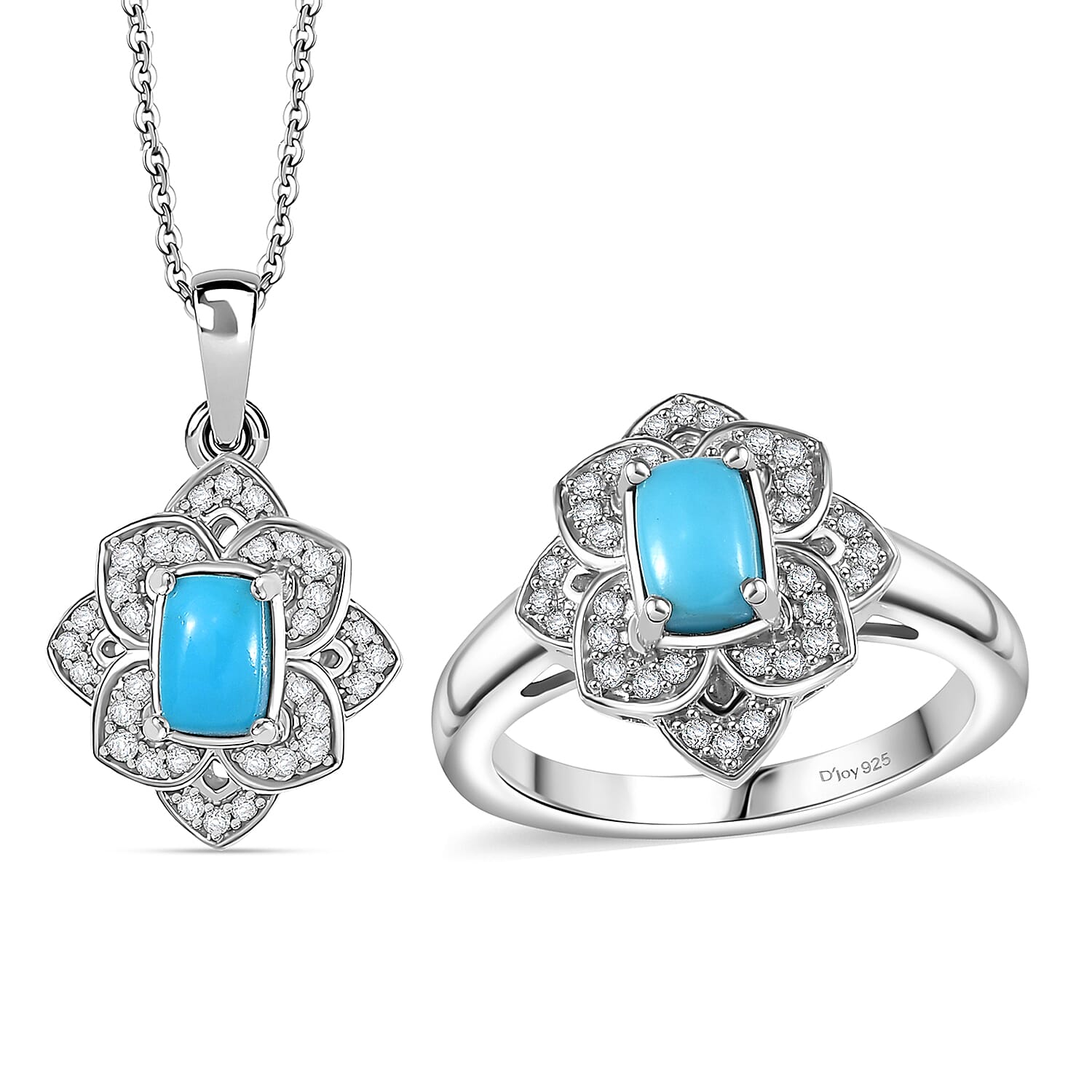 Premium Sleeping Beauty Turquoise, White Zircon Ring (Size 7.0) and Pendant Necklace (20 Inches) in Rhodium Over Sterling Silver 1.65 ctw