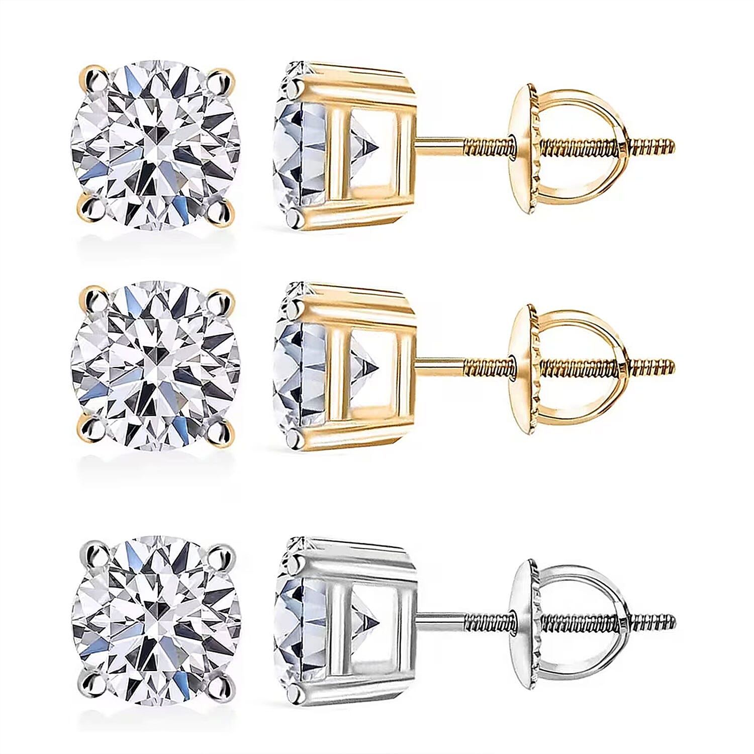 Set of 3, 14K Yellow and White Gold Luxuriant Lab Grown Diamond (G, SI1) Solitaire Stud Earrings 3.00 ctw (Del. In 10-12 Days)