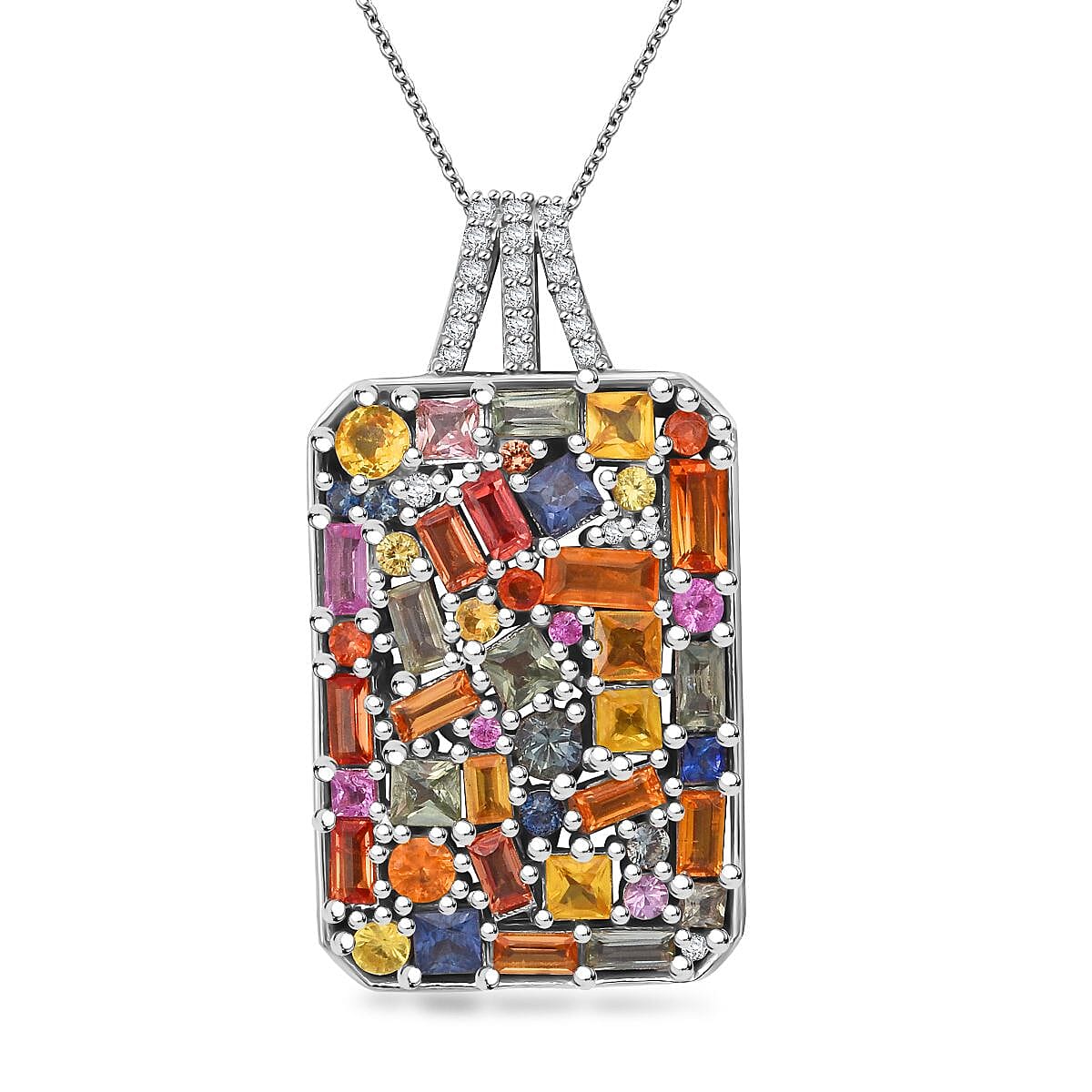 Multi Sapphire, White Zircon Pendant Necklace (20 Inches) in Rhodium Over Sterling Silver 5.90 ctw