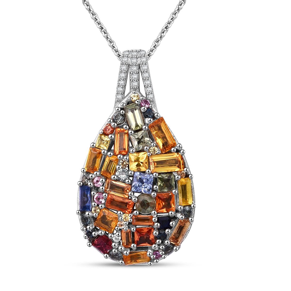 Multi Sapphire, White Zircon Pendant Necklace (20 Inches) in Rhodium Over Sterling Silver 5.90 ctw