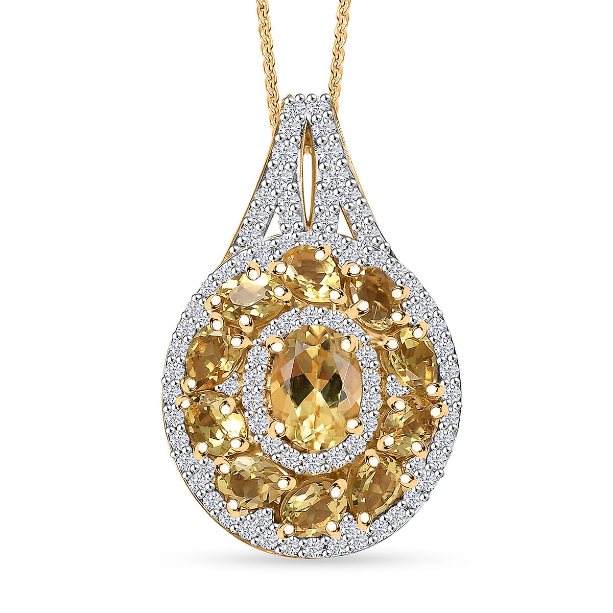 Brazilian Heliodor and White Zircon 3.25 ctw Royal Halo Pendant Necklace in 18K Vermeil Yellow Gold Over Sterling Silver 20 Inches
