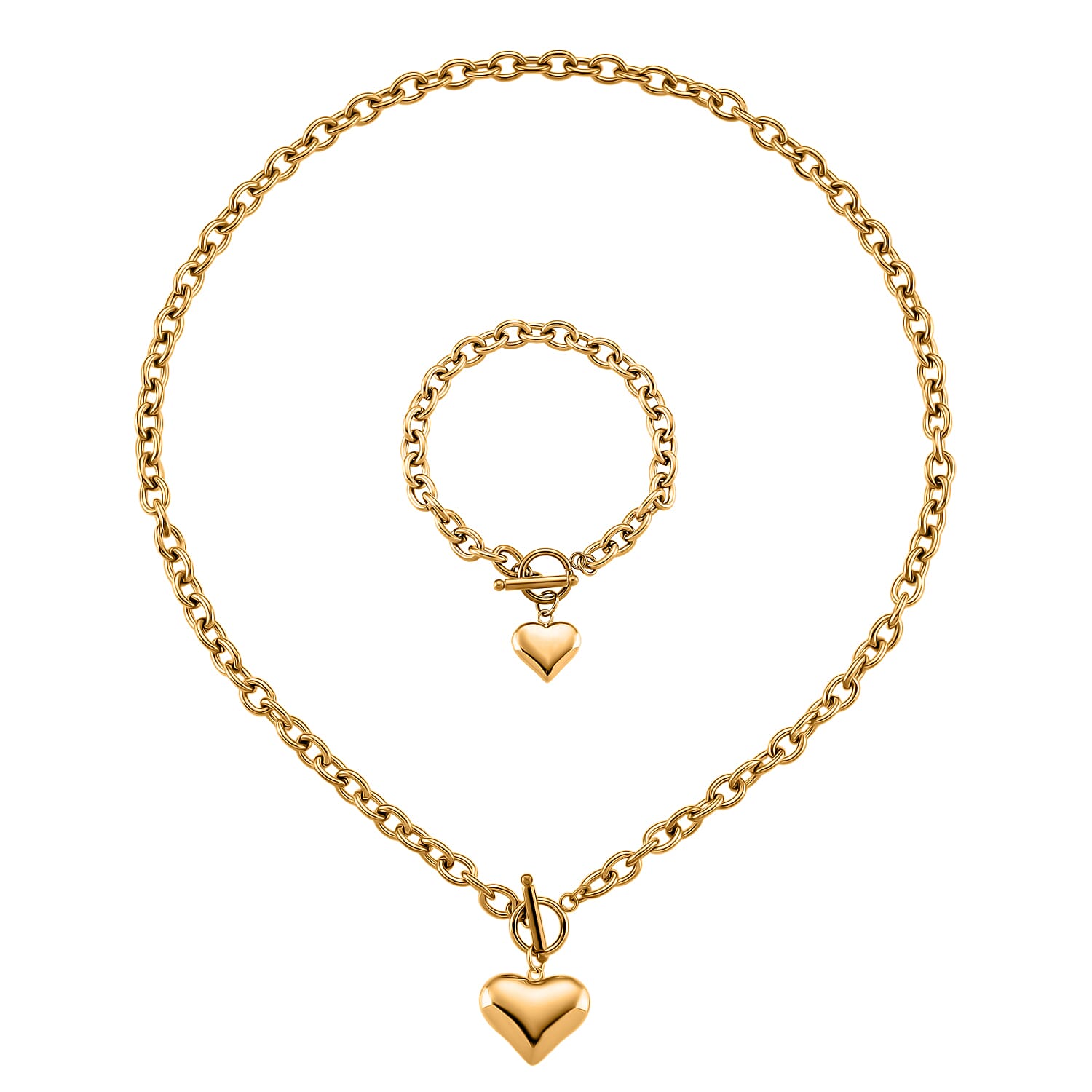 Heart Charm Cable Chain Necklace (24 Inches) and Bracelet (8.0In) in ION Plated YG Stainless Steel