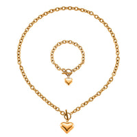 Heart Charm Cable Chain Necklace (24 Inches) and Bracelet (8.0In) in ION Plated YG Stainless Steel