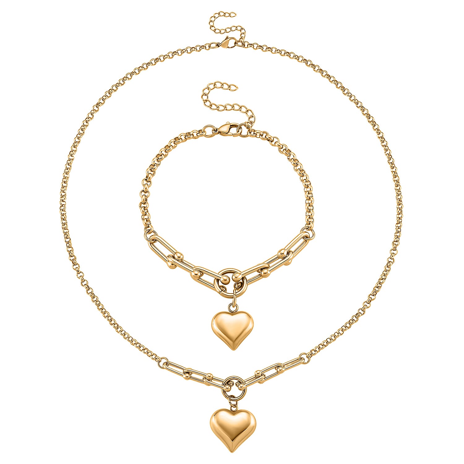 Heart Charm Bracelet (8.0In) and Necklace (24 Inches) in ION Plated YG Stainless Steel
